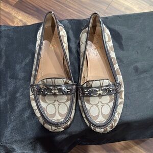 Coach Tan and Brown Leather Loafers with Chain Detail